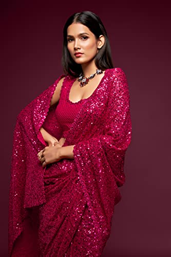 Zeel Clothing Women's Pink Sequins Work Heavy Georgette Saree with Blouse (1003-Hot-Pink-Sequins-Party-Saree, Hot Pink)