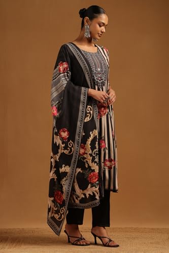 Soch Womens Black Muslin Floral Hand Embroidered Salwar Suit With Sequins