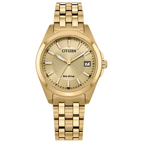 Citizen Stainless Steel Women's Ladies' Eco-Drive Classic Peyten Analog Watch, Day-Date, Sapphire Crystal, Gold Tone, 9 Inches, Classic, Band_ Golden