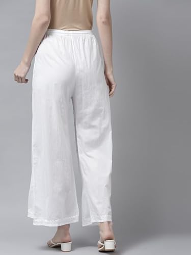 Ada Hand Embroidered Lucknow White Chikankari Cotton Palazzo Pant Culottes for Women A711146 (M)