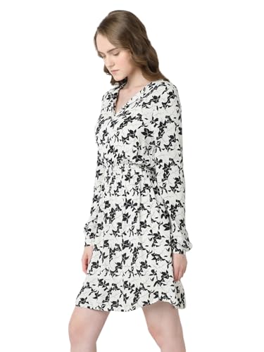 VERO MODA Women Floral Print White Viscose Above Knee Length Fit and Flare Dress
