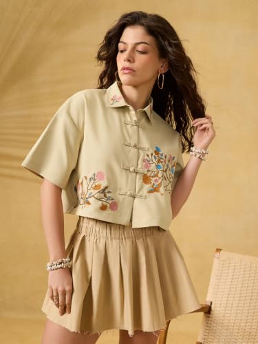 The Souled Store Ochiru Women and Girls Short Sleeve Collared Neck Beige Embroidered Polyester Oversized Lightweight Everyday Shirt Cropped Shirt