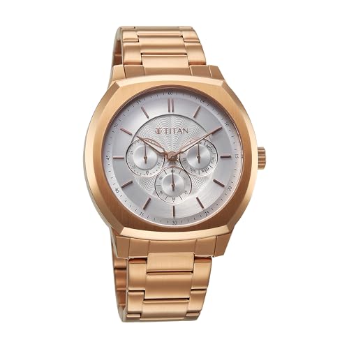 Titan Regalia Arc Analog with Day Date Second Subdial and Silver Dial Rose Gold Stainless Steel Strap Watch for Men - 90213WM01