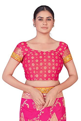 Monjolika Fashion Women's Elegant Banarasi Tissue Silk Saree with Rich Zari Border With Unstitched Blouse Piece (Rani Pink)
