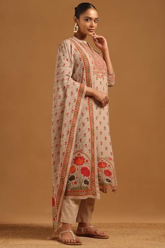 Soch Womens Beige Mul Chanderi Floral Salwar Suit With Hand Embroidery and Bead Details
