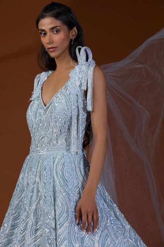 Woman's Light Blue Sequins Embroidered Net Reception Gown
