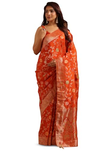 Soch Womens Orange Crepe Botanical Zari Woven Saree