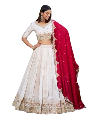 JIHU CULTURE Off-White Vichitra Silk Fabric Thread Embroidery Work Semi Stitched Lehenga Choli With Dupatta Set For Women, 44