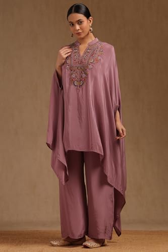 Soch Womens Onion Pink Crepe Embroidered Kaftan Suit With Cutdana