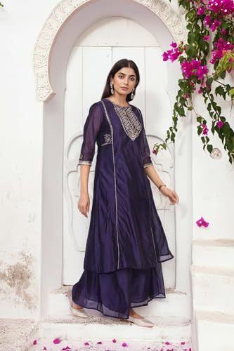 W for Woman Purple Zari Embroidered A Line Kurta with Flared Pant and Dupatta Set (WS13285-224374-XS)