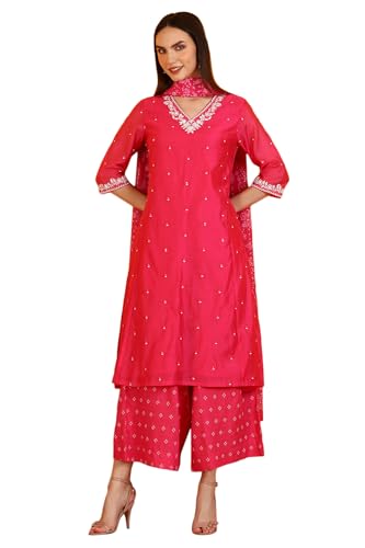 W for Woman Pink Embroidered Chanderi Panelled Kurta, Cropped Pants and Dupatta Set (Size: M)-WS12729-223576