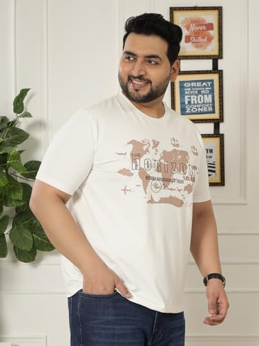 JOHN PRIDE Plus Size Men Regular Fit Printed Short Sleeves Off White Round Neck Stretchable T-Shirt (JPTSR32462_8XL_Off White)