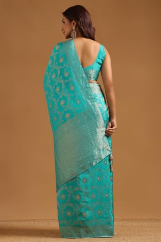 Soch Womens Turquoise Blue Crepe Botanical Zari Woven Saree