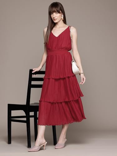 Label RITU KUMAR Red Fashion Flair V Neck Long Dress