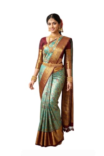 VFCollections Women's Traditional Handloom Kanchipuram Silk Pure Pattu Sarees | Rich Height Butta | Multilayer border (VFC689-5)