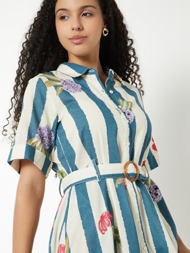 Max Women Printed Belted A-line Shirt Dress(White_M)
