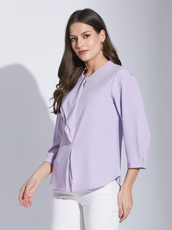 Latin Quarters Women Lavender Mandarin Collar 3/4 Sleeve Solid Top_S