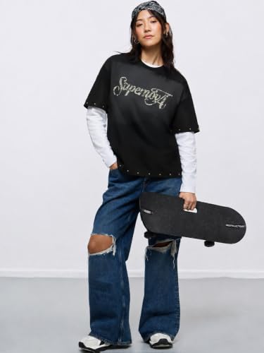 The Souled Store Oversized T-Shirt: Supernova Women and Girls Short Sleeves Round Neck Black Graphic Printed Cotton Oversized Fit Breathable Everyday Streetwear T-Shirts