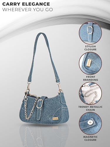 BAGUZZI Denim Sling Bag for Women, Chain Strap, Blue