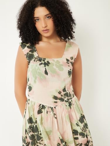 Max Women Printed A-line Midi Dress(Green_XS)