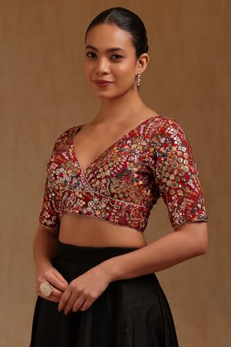 Soch Womens Red Georgette Embroidered Padded Blouse with Sequins