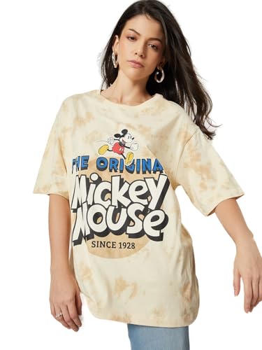 Max Women Mickey Mouse Print Oversized T-Shirt(Yellow_M)