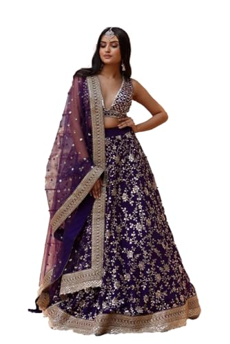 JIHU CULTURE Women's Purple Sequins Embroidered Georgette Semi-Stitched Lehenga Choli