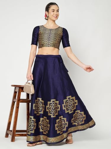 studio rasa Women's Dupion Hand Block Printed Bias Skirt for Wedding Festive Party (SKTC52408_Navy_Small)