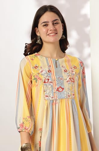 Janasya Multicolour Georgette Kurta with Pant & Dupatta for Women Embroidered Print Ethnic Wear