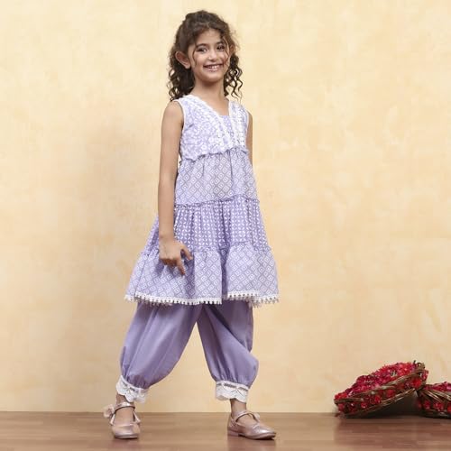 BIBA Girl's Purple Cotton Tiered Printed Kurta Salwar Set