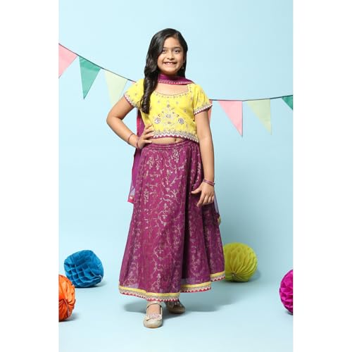 BIBA Girl Solid Cotton Blend Readymade Lehenga Choli Set(Kw5379_Yellow Purple_9)