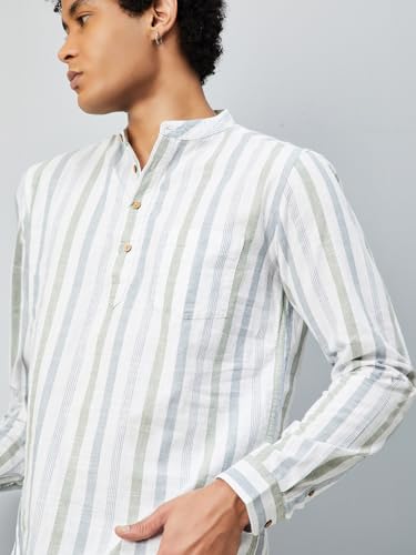 Max Men's Full Sleeves Mandarin Collar Striped Cotton Short Kurta White