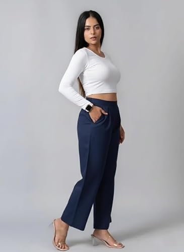 Moirai Pure Cotton Wide Leg Women Trouser Stylish Mid Rise Relaxed Straight Fit Loose Pants Casual Travel Office Formal Wear Navy Blue