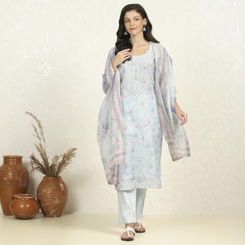 Biba Women Sea Green Chanderi Unstitched Suit Set_Free Size