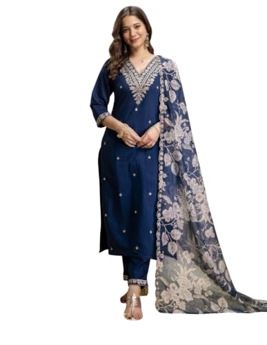 Women's Dark Blue Silk Blend Straight Kurta Set With Dupatta And Pant