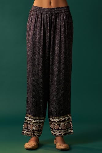 Wishful Women's navy Blue Floral Printed Embroidered Straight Modal Satin Kurta with Parallel Pants and Dupatta Set (SP12624-125649-XS)
