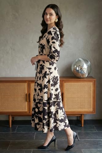 Aurelia Women’s Beige Floral Printed Flared Western Dress - (A16322-510127-L)