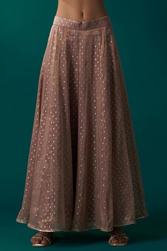 Wishful Women's Light Gold Heavy Embroidered Straight Tissue Chanderi Kurta with Culottes and Dupatta Set (SP12467-400321-L)