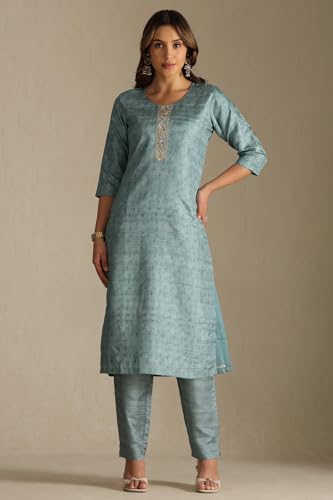 Soch Womens Turquoise Blue Silk Blend Solid Suit Set With Zardozi