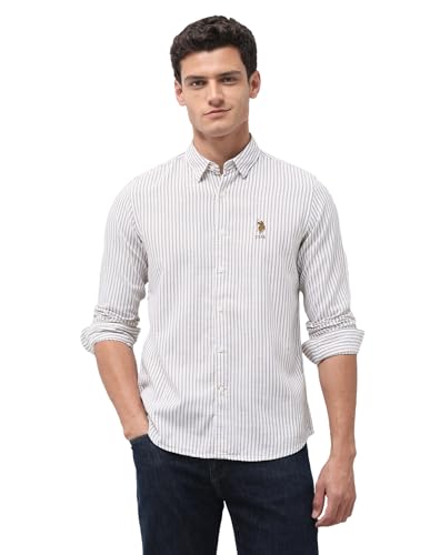 U.S. Polo Assn. Denim Co. Men's Vertical Striped Seersucker Shirt (UDSHT2232_Ochre_46)