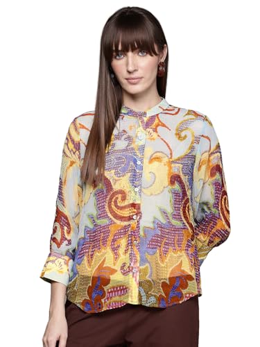 Label RITU KUMAR Ecru Multi Francis Mandarin Collar Neck Shirt with Camisole