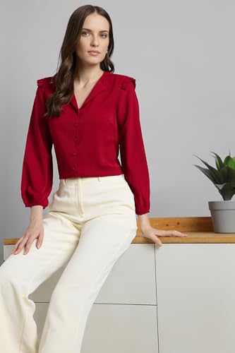 Van Heusen Women Polyester Solid Regular Fit Shirt (VWSFFRGFI10149_Red, Large