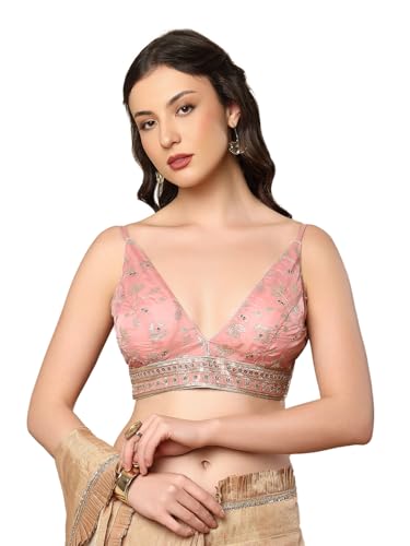 SALWAR STUDIO Pink Silk Embroidered Sleeveless Readymade Saree Blouse