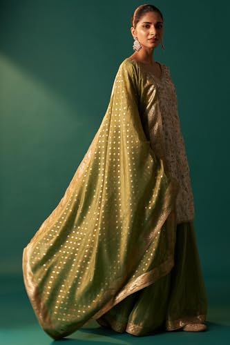 Wishful Women's White Zari Embroidered Tissue Straight Kurta with Sharara and Dupatta Set (SP12834-401055-2XL)