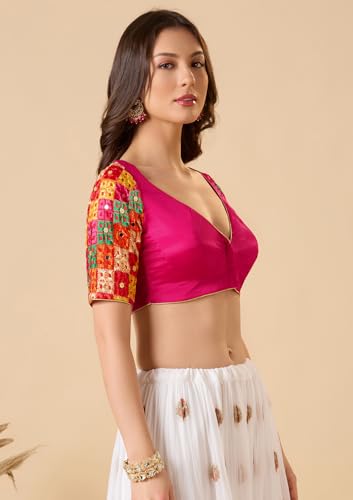 SALWAR STUDIO Pink Chinon Silk Sweetheart Neck Phulkari Readymade Blouse