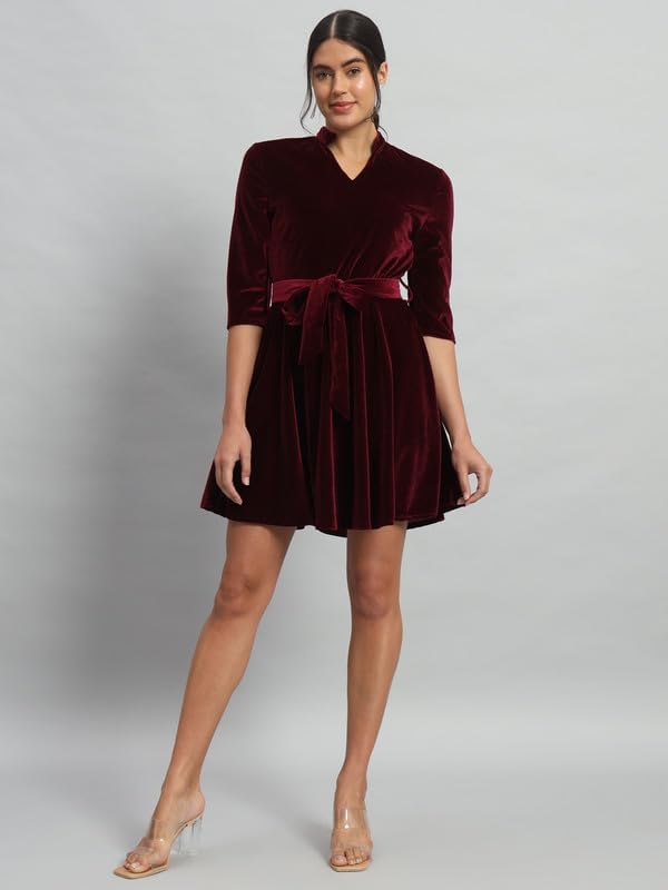 Vaararo Velvet Fit & Flare Mini Dress | Elegant with Belt & Mandarin Neck Sporty Maroon X-Small