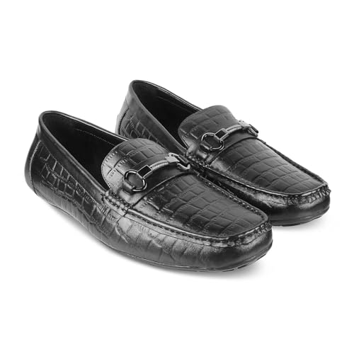 tresmode MILUCK Men's Driving Loafers Leather Shoes Black, 7 UK / 41 EU - Round Toe TPR Sole Casual Footwear Penny Soft - Light Weight, Comfortable and Long Life