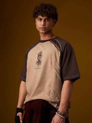 The Souled Store Nomad: Primal Men and Boys Short Sleeves Round Neck Brown Colour-Block Tribal Applique Patch Casual Drop Shoulder Streetwear Cotton Oversized T-Shirt