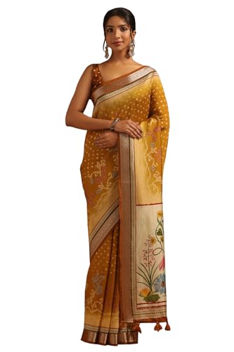 Soch Womens Gold Poly Viscose Bandhani Saree