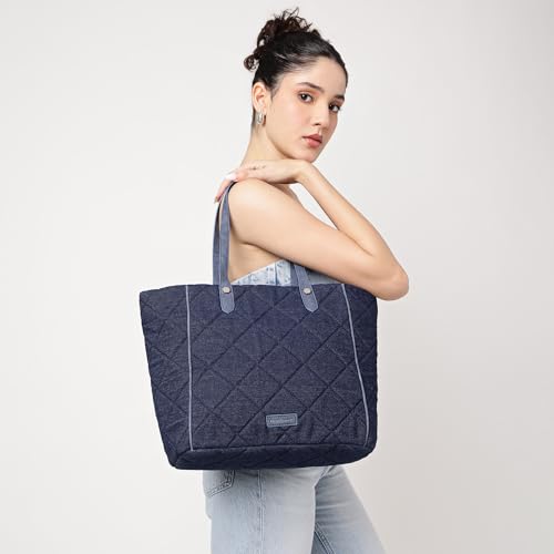 Fastrack Classic Denim Tote Bag | Quilted Design | 14-Inch Laptop Compatible With Padded Sleeve | Sturdy Dual Handles | Zipper Closure & Organizer Pocket | Natural Indigo Denim | 6-Month Warranty